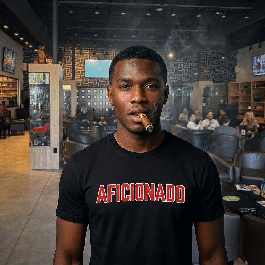 Black T-Shirt with Red Aficionado Logo on Black Male Smoking a Cigar in Aficionados Lounge