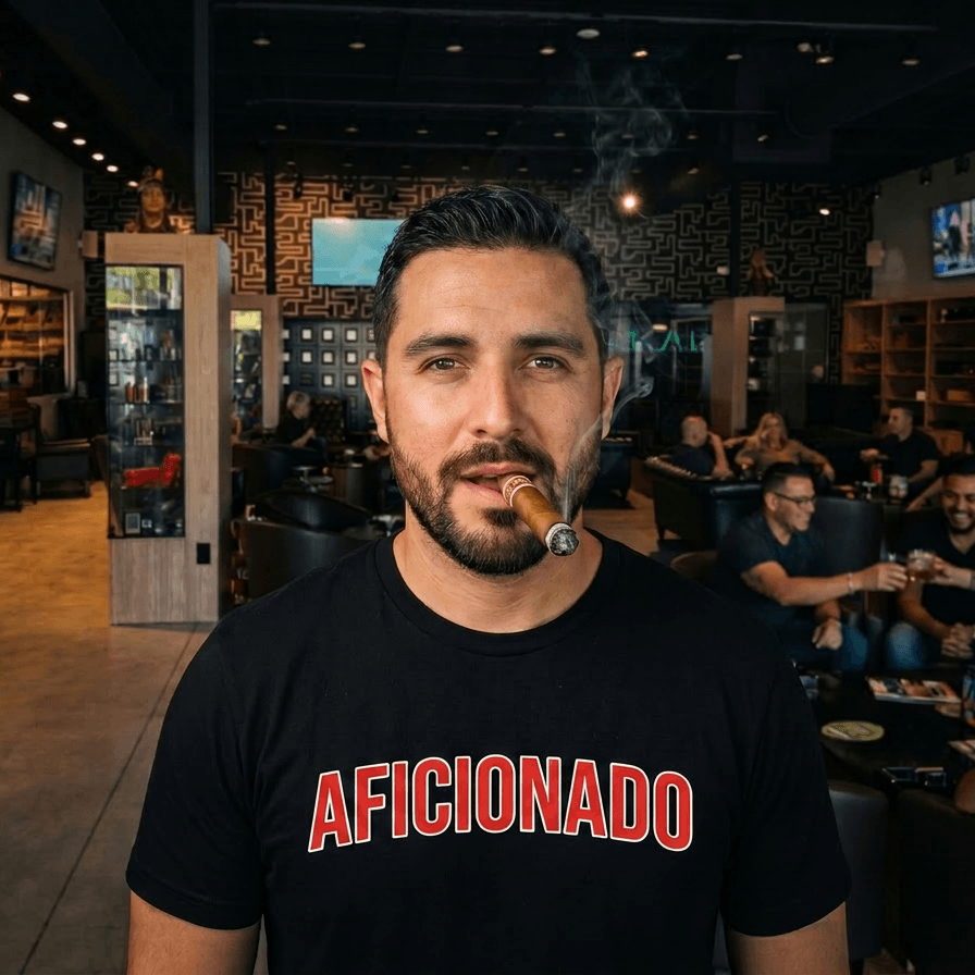 Black T-Shirt with Red Aficionado Logo on White Male Smoking a Cigar in Aficionados Lounge
