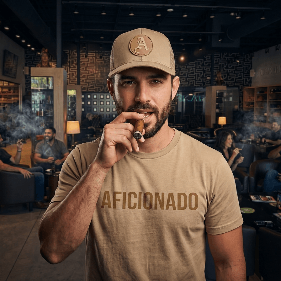 Sand Curved Trucker with Sand Aficionados Logo on White Male Wearing a Matching Tan Shirt Smoking a Cigar in Aficionados Lounge