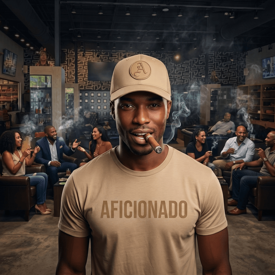 Sand Curved Trucker with Sand Aficionados Logo on Black Male Wearing a Matching Tan Shirt Smoking a Cigar in Aficionados Lounge
