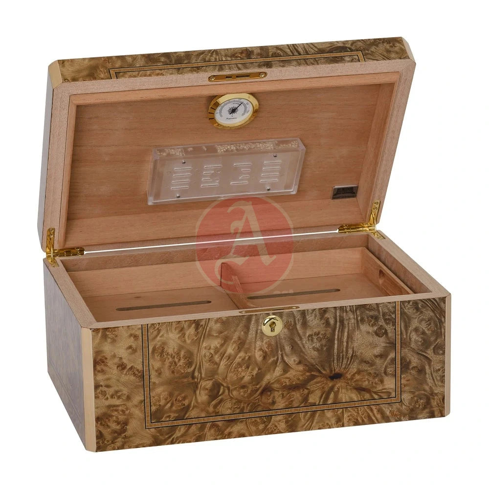 Solerno Desktop 40-75 Cg Count. Humidor, Rustic Burl Veneer Inlay