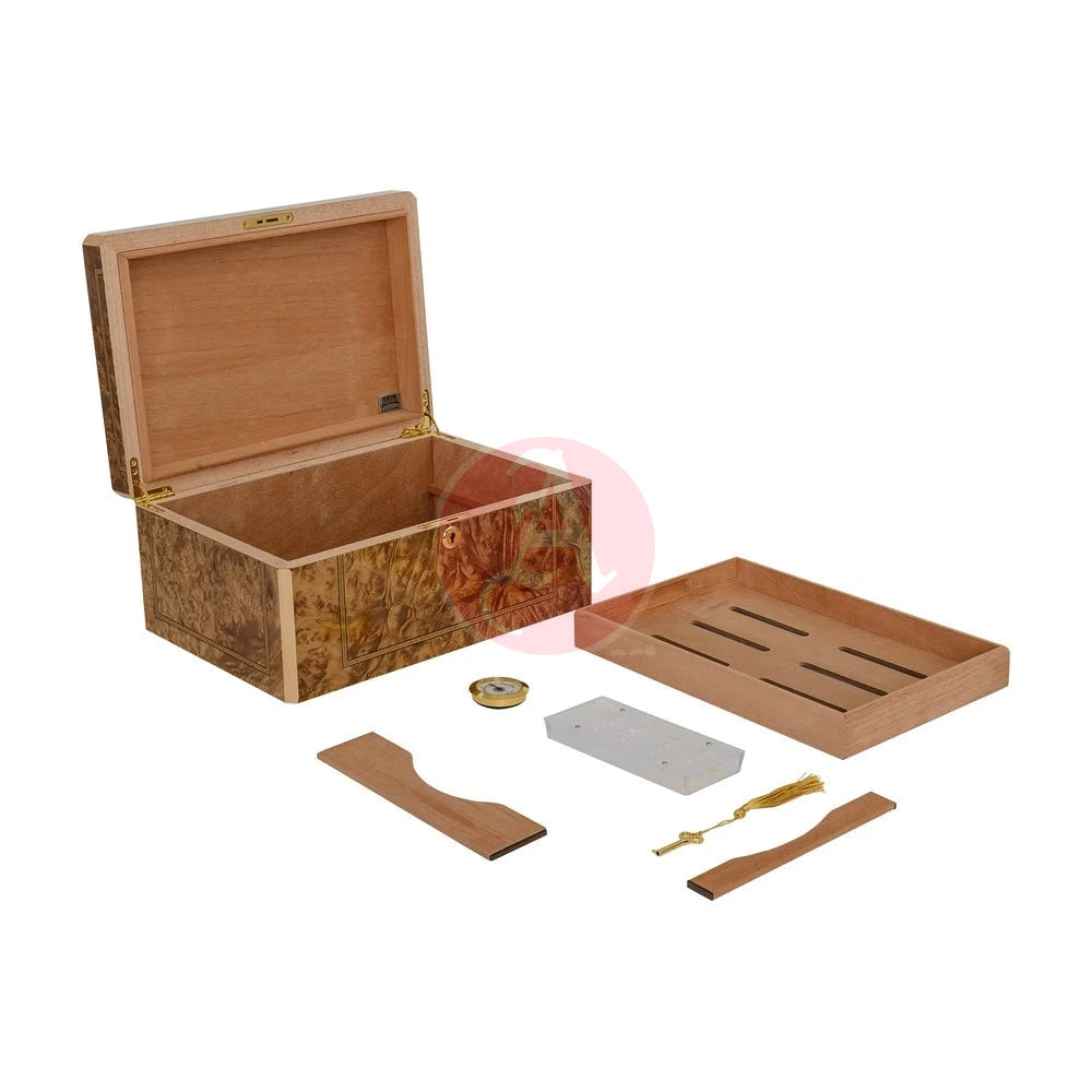 Solerno Desktop 40-75 Cg Count. Humidor, Rustic Burl Veneer Inlay