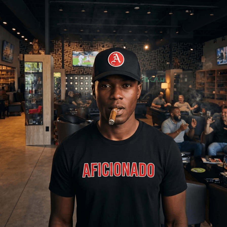 Black Curved Trucker with Red Aficionados Logo on Black Male Wearing a Matching Tan Shirt Smoking a Cigar in Aficionados Lounge