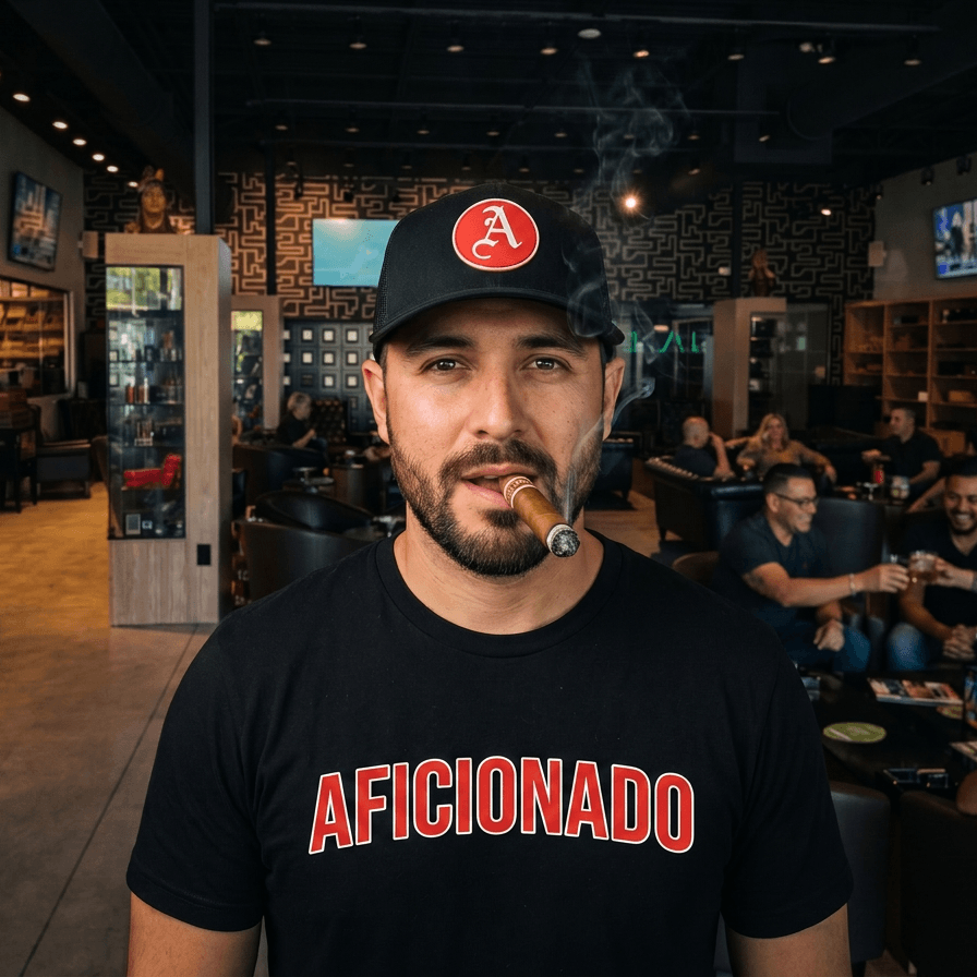 Black Curved Trucker with Red Aficionados Logo on White Male Wearing a Matching Tan Shirt Smoking a Cigar in Aficionados Lounge