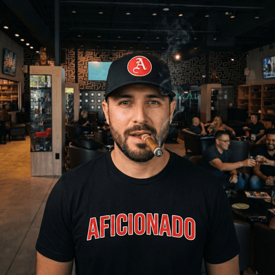 Black Curved Trucker with Red Aficionados Logo on White Male Wearing a Matching Tan Shirt Smoking a Cigar in Aficionados Lounge