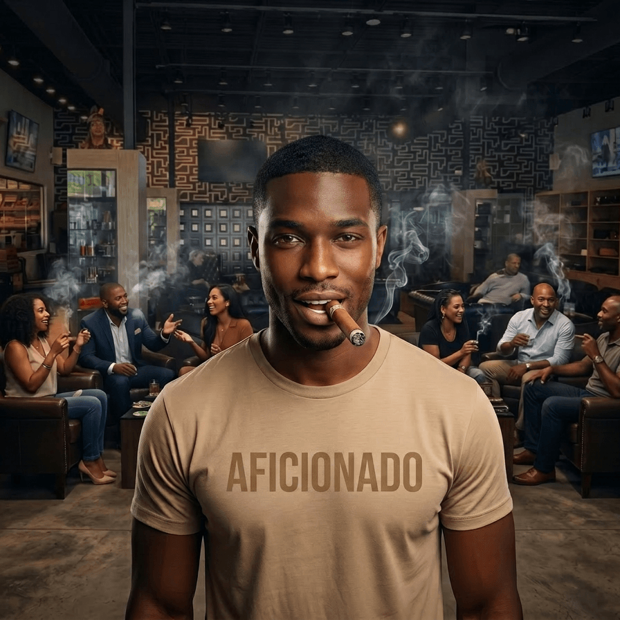Sand T-Shirt with Sand Aficionado Logo on Black Male Smoking a Cigar in Aficionados Lounge