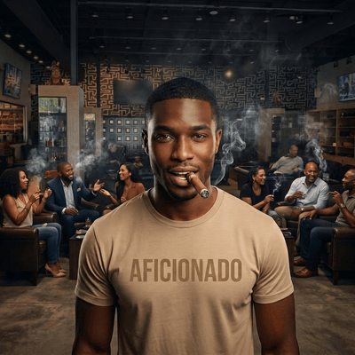 Sand T-Shirt with Sand Aficionado Logo on Black Male Smoking a Cigar in Aficionados Lounge