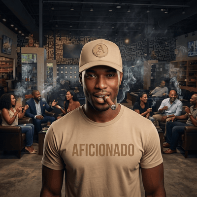 Sand Curved Trucker with Sand Aficionados Logo on Black Male Wearing a Matching Tan Shirt Smoking a Cigar in Aficionados Lounge