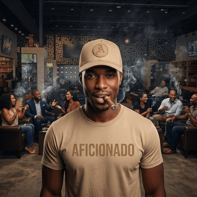 Sand Curved Trucker with Sand Aficionados Logo on Black Male Wearing a Matching Tan Shirt Smoking a Cigar in Aficionados Lounge
