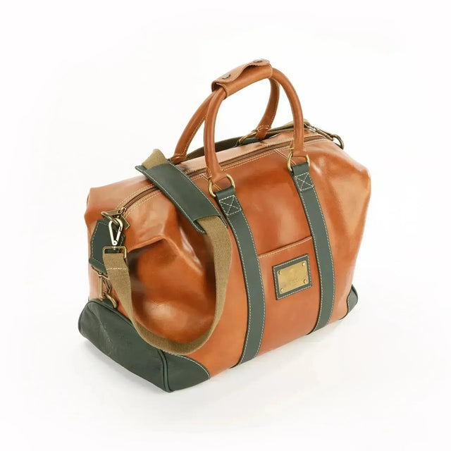 The OpusX Society Italian Leather Duffle Bag Camel and Green