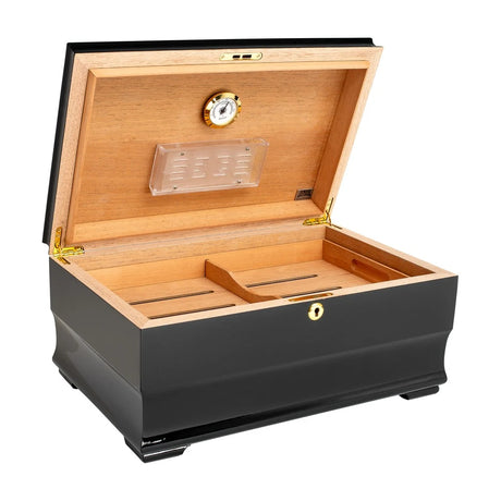 Malta Desktop Humidor 85-135 Cg Count., Piano Black, Black Walnut Veneer Inlay