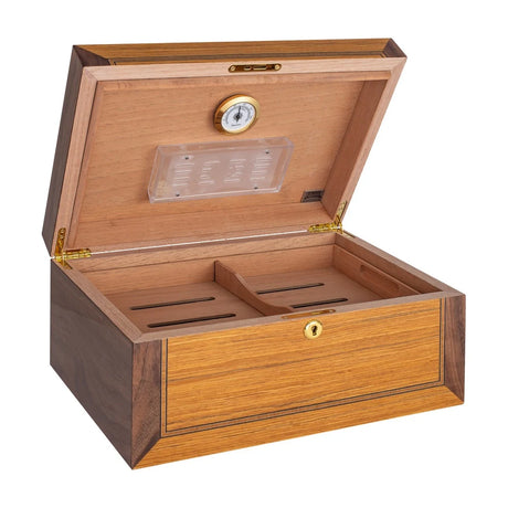 Merino 45-75 Cg Count. Desktop Humidor, Bubinga Veneer, Walnut Veneer, Inlay