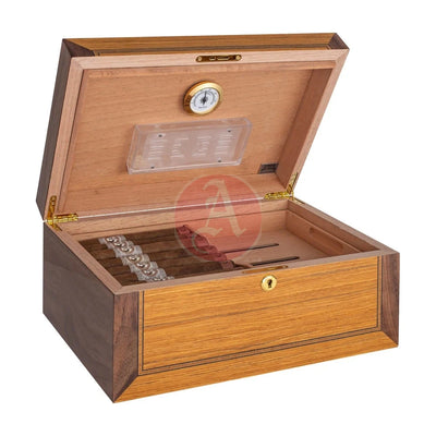 Merino 45-75 Cg Count. Desktop Humidor, Bubinga Veneer, Walnut Veneer, Inlay