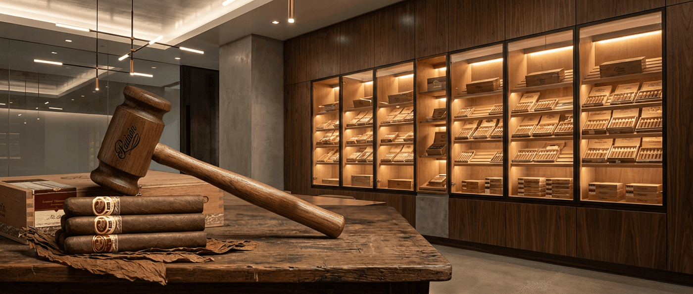 Padron Home Page Banner with Hammer and Humidor in the background full of Padrom Cigar Boxes.