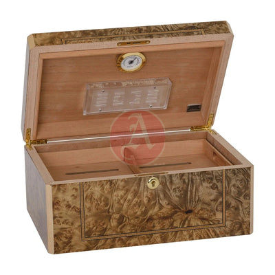 Solerno Desktop 40-75 Cg Count. Humidor, Rustic Burl Veneer Inlay