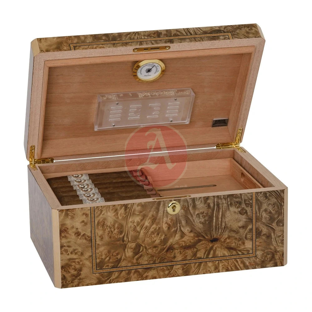 Solerno Desktop 40-75 Cg Count. Humidor, Rustic Burl Veneer Inlay