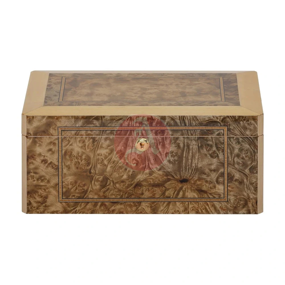 Solerno Desktop 40-75 Cg Count. Humidor, Rustic Burl Veneer Inlay