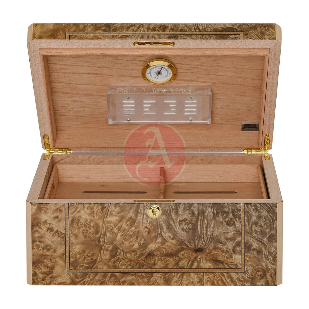 Solerno Desktop 40-75 Cg Count. Humidor, Rustic Burl Veneer Inlay