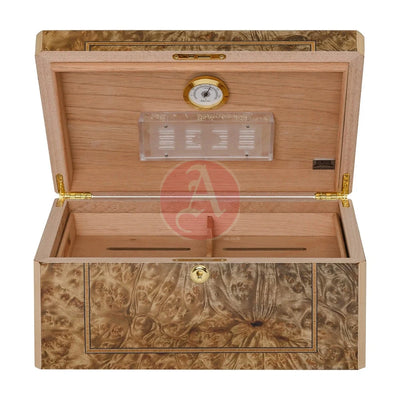 Solerno Desktop 40-75 Cg Count. Humidor, Rustic Burl Veneer Inlay